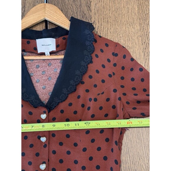 Reformation Galene Mini Dress Women’s Sz 6 Fig Jam Dot Scalloped Collar Tie Back - Picture 13 of 15